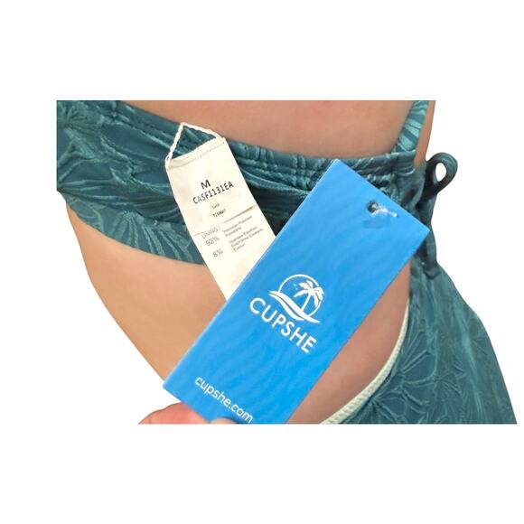 NEW Cupshe SWIMSUIT Women's BIKINI Set MED Scalloped Cross Back High Waist Green - Picture 14 of 15